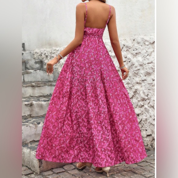 Boho Floral V-Neck Dress With Ruffle Wide Hem Pink - Picture 3 of 9